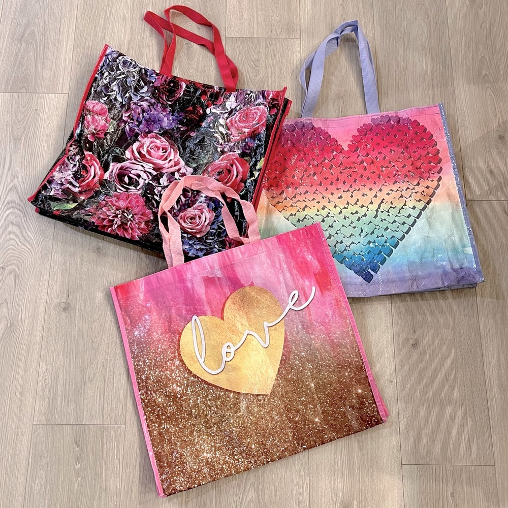 3 Large Reusable Shopping Tote Bags - Love Hearts Glitter & Flower Designs